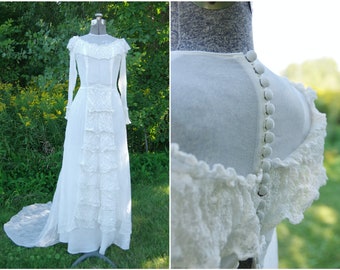 1940s Button Back Wedding Dress with Sheer Neckline & Sleeves, Lace Detailing