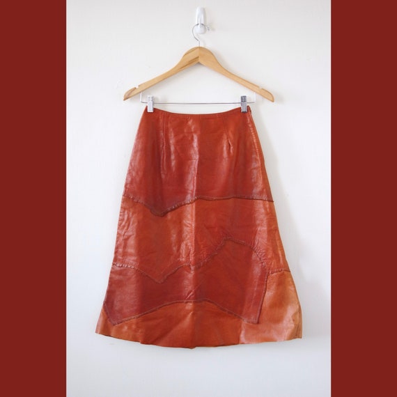 1970s Leather Patchwork A-Line Midi Skirt Size 7/8