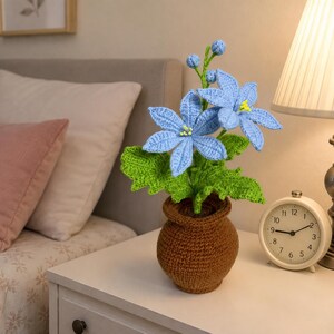 Può includere: Una pianta all'uncinetto con due grandi fiori azzurri con centri gialli e diversi piccoli boccioli blu, sostenuta da foglie e steli verdi. La pianta è contenuta in un vaso rotondo all'uncinetto di colore marrone testurizzato con bordo largo.