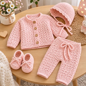 Op de afbeelding: Een lichtroze gehaakte babyset bestaande uit een vest met lange mouwen en vier bruine knopen, een bijpassende broek met trekkoord, een mutsje met een geschulpte rand en striksluiting, en een paar kleine slofjes met strikdetails.
