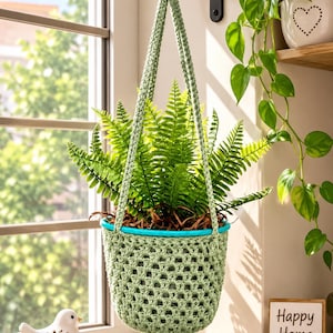 May include: A light green crocheted plant hanger with a textured, open-weave pattern, holding a vibrant green fern in a teal-rimmed pot. The hanger features a long, braided strap suspended from a black metal hook, creating a hanging display.