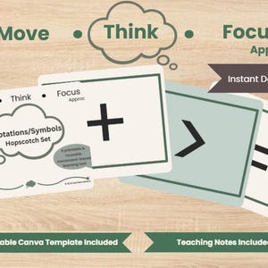 May include: A set of rectangular cards featuring the text The Move Think Focus Approach and Notations/Symbols Hopscotch Set. The cards display black mathematical symbols including a plus sign, a greater than sign, and an equals sign on a light background.