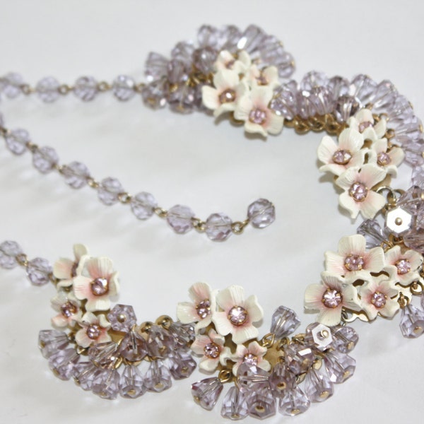 Vintage Necklace Lavender Crystal enamel Flower Bib 1950s Statement Jewelry