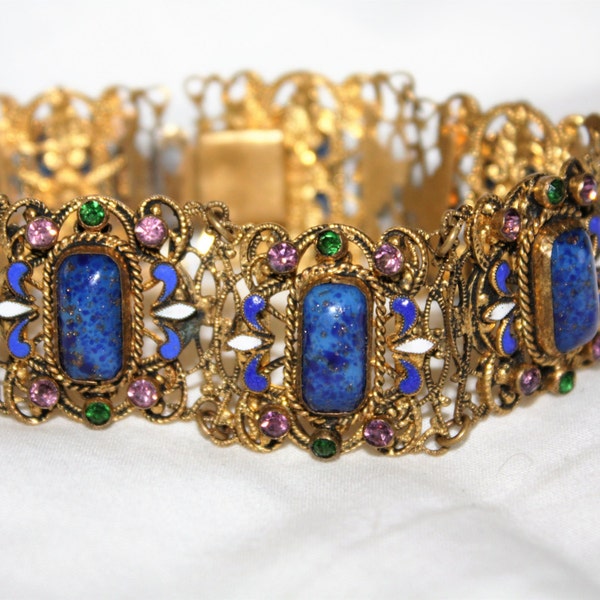 Art Deco Czech Bracelet, Vintage Filigree Blue Lapis, Enamel Bracelet 1920s Jewelry