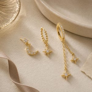 Celestial Mismatched Earring Set,Gold-Plated Copper Moon and Star Ear Stack,Birthday Gift for Her