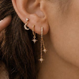 Celestial Mismatched Earring Set,Gold-Plated Copper Moon and Star Ear Stack,Birthday Gift for Her