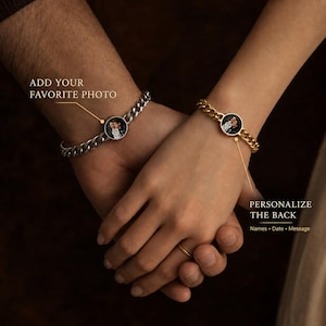 Personalized Heat-Activated Photo Bracelet,Engraved Stainless Steel Cuban Chain,Anniversary Gift for Him