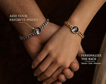 Personalized Heat-Activated Photo Bracelet,Engraved Stainless Steel Cuban Chain,Anniversary Gift for Him