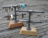 Modern Black Pipe Chunky Two Tier Industrial Watch Reclaimed Wood Base Bracelet Jewelry Organizer Photo Display Craft Show Display