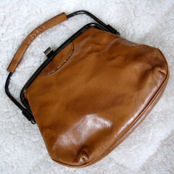 Adorable Vintage Brown Leather Handbag with Snap Closure and Metal Details