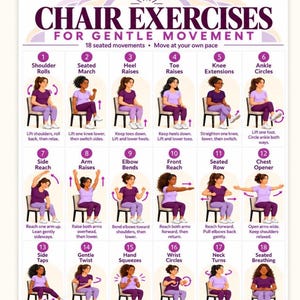 May include: A white instructional poster titled CHAIR EXERCISES FOR GENTLE MOVEMENT featuring 18 numbered illustrations of a person in a purple shirt and pants performing seated exercises on a chair, with text descriptions for each movement.