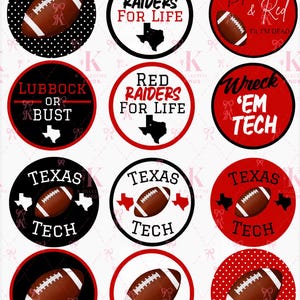 May include: A collection of twelve circular stickers featuring Texas Tech themed designs. The graphics include brown footballs, the state of Texas, and text such as Red Raiders For Life, Lubbock Or Bust, Black & Red 'Til I'm Dead, and Wreck 'Em Tech.