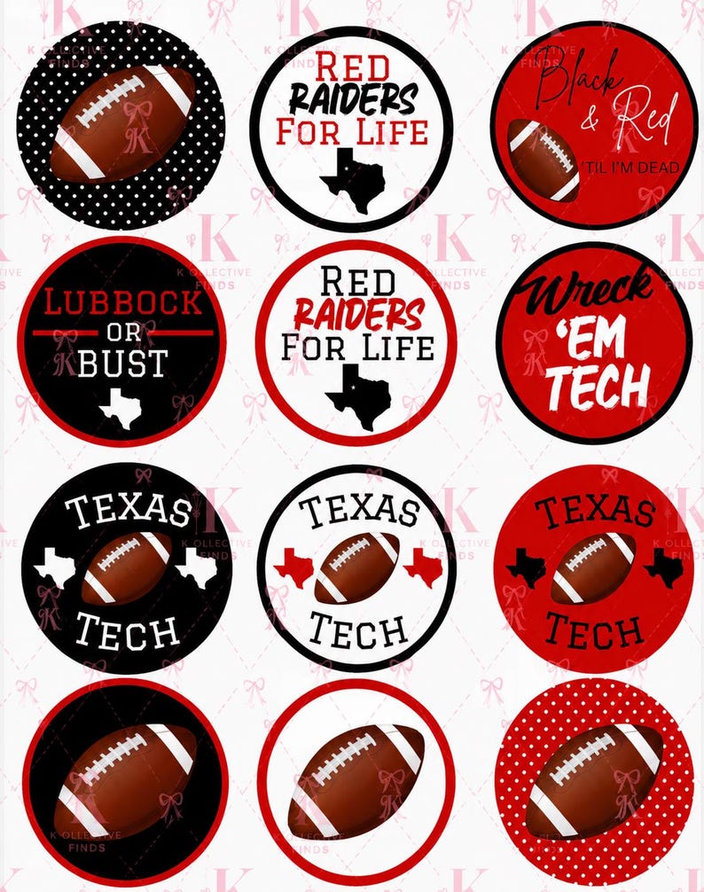 May include: A collection of twelve circular stickers featuring Texas Tech themed designs. The graphics include brown footballs, the state of Texas, and text such as Red Raiders For Life, Lubbock Or Bust, Black & Red 'Til I'm Dead, and Wreck 'Em Tech.