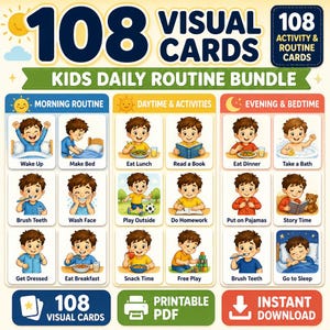 May include: A set of 108 visual cards for a kids daily routine bundle, featuring illustrations of a child performing various tasks. The cards are organised into three columns labelled Morning Routine, Daytime & Activities, and Evening & Bedtime.