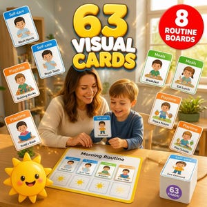 May include: A set of 63 visual cards and 8 routine boards featuring colorful illustrations of children performing daily tasks like washing hands, brushing teeth, and eating meals. The set includes a white morning routine board and a sun-shaped timer.
