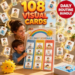 Peut inclure: Un ensemble de routine quotidienne comprenant 108 cartes visuelles et un tableau My Daily Schedule avec un arc-en-ciel et un soleil. Le tableau affiche des icônes d'activités pour le matin, l'après-midi et le soir. Un objet soleil jaune.