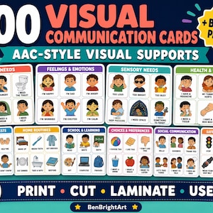 May include: A set of 100 visual communication cards featuring AAC-style visual supports. The cards are organised into categories including basic needs, feelings, sensory needs, health, actions, routines, school, choices, and safety, with text labels.