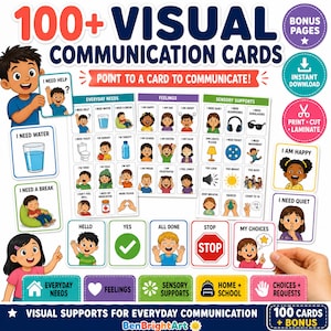 Op de afbeelding: Een set van 100+ visuele communicatiekaarten met kleurrijke illustraties van kinderen en iconen. De kaarten zijn onderverdeeld in dagelijkse behoeften, gevoelens en zintuiglijke ondersteuning met labels zoals I Need Help en I Am Happy.