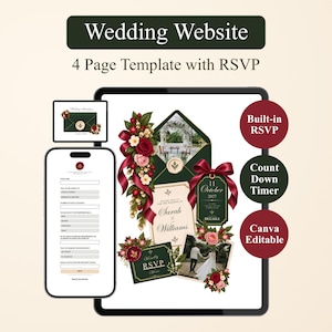 Wine Green Blush Pink Floral Wedding Website with RSVP Function, Save the Date Website Template, Editable Canva Template (Digital Download)