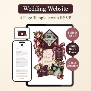 Plum, Mauve, & Ivory Floral Wedding Website with RSVP Function, Save the Date Website Template, Editable Canva Template (Digital Download)