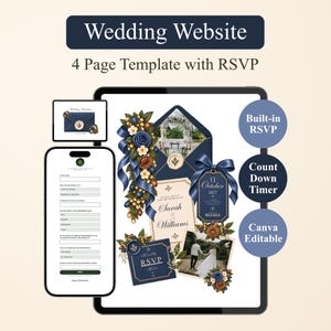 Blue, Brown, & Ivory Floral Wedding Website with RSVP Function, Save the Date Website Template, Editable Canva Template (Digital Download)