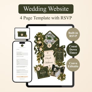 Green & Ivory Floral Wedding Website with RSVP Function, Save the Date Website Template, Editable Canva Template (Digital Download)