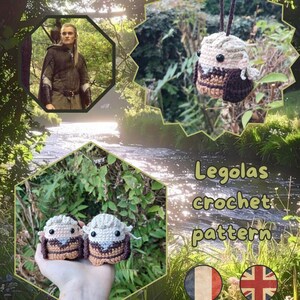 May include: A crochet pattern for a small, stylized figure with blonde hair, pointed ears, and a brown and tan outfit. The image includes text reading Legolas crochet pattern, a photo of the character, and two small finished crochet dolls.