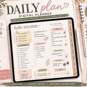 May include: A digital planner displayed on a tablet screen featuring sections for daily priorities, schedules, to-do lists, meals, water intake, and mood tracking. The interface includes tabs for navigation and text elements like Daily Plan and Hello.