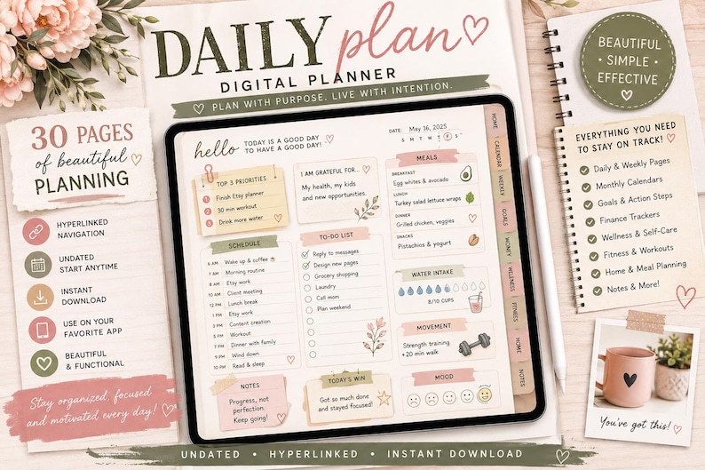 May include: A digital planner displayed on a tablet screen featuring sections for daily priorities, schedules, to-do lists, meals, water intake, and mood tracking. The interface includes tabs for navigation and text elements like Daily Plan and Hello.