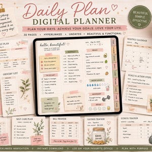 May include: A digital planner displayed on a tablet screen surrounded by various printed planner pages including a weekly plan, meal plan, grocery list, habit tracker, bill tracker, savings tracker, fitness tracker, and a monthly calendar.