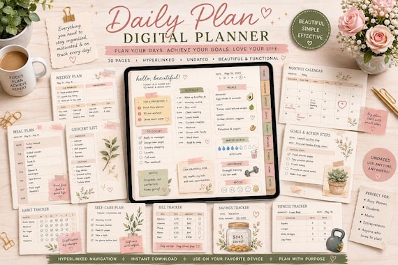 Digital Planner | Undated Daily Planner | Hyperlinked PDF Planner | Goodnotes Planner | iPad Planner | Daily, Budget, Fitness & Wellness