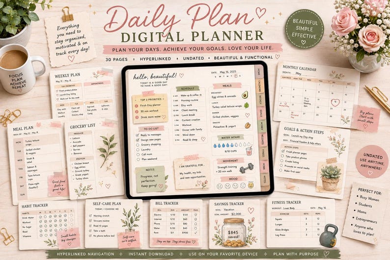 May include: A digital planner displayed on a tablet screen surrounded by various printed planner pages including a weekly plan, meal plan, grocery list, habit tracker, bill tracker, savings tracker, fitness tracker, and a monthly calendar.