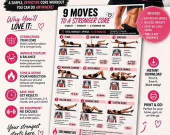 Core Workout Printable | 9 Core Exercises with Muscle Targets | At Home Ab Workout | Fitness Workout Guide | Digital Download
