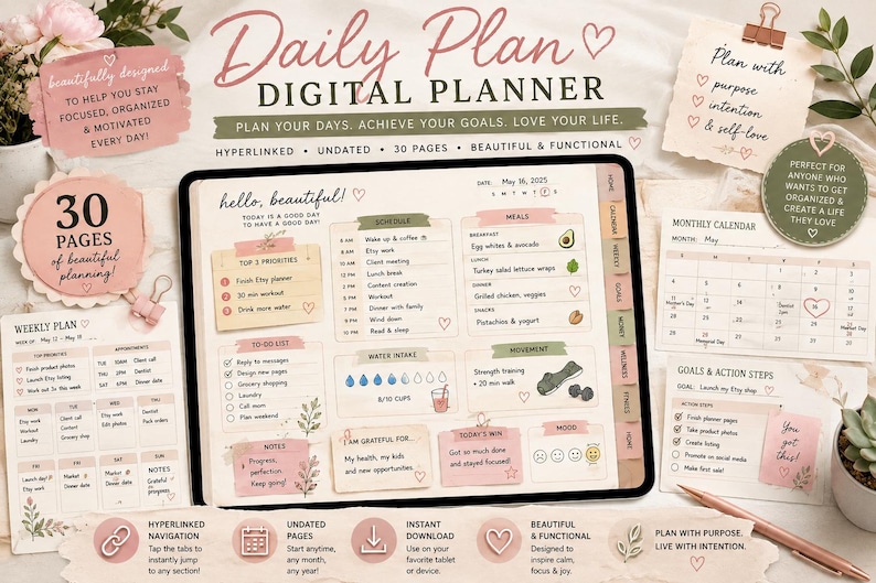 May include: A digital planner displayed on a tablet screen featuring a daily schedule, to-do list, meal tracker, water intake, and gratitude section. The interface includes tabs for navigation and text such as Daily Plan, hello, beautiful!, and 30 pages.