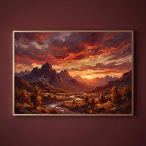 以下が含まれることがあります： 夕暮れの山岳風景を描いた長方形の額入り油絵。険しい山頂、曲がりくねった川、前景の木々が、赤、オレンジ、茶色の色調で、厚みのある目に見える筆致で描かれています。