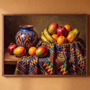 May include: A framed oil painting depicting a still life with a blue patterned ceramic vase, a variety of tropical fruits including mangoes, bananas, oranges, a pomegranate, and a papaya, all resting on a colorful fabric with geometric patterns.