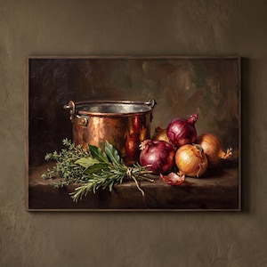 May include: An oil painting depicting a polished copper pot with a metal handle, positioned next to a bundle of fresh green herbs including thyme and rosemary, and a cluster of whole red and yellow onions on a dark, textured surface.