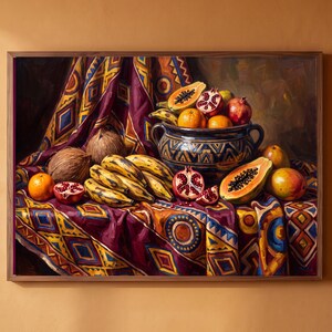 May include: A framed oil painting depicting a still life of assorted fruits including bananas, coconuts, pomegranates, papayas, and oranges arranged in and around a dark ceramic bowl with a geometric pattern, set upon a patterned fabric cloth.