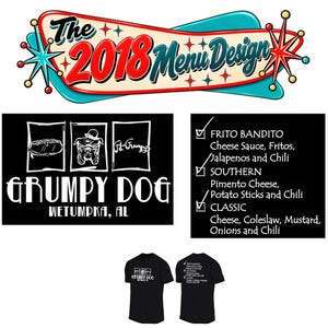 May include: A black t-shirt featuring a white graphic design. The front displays the text Grumpy Dog Wetumpka, AL with three square illustrations. The back lists menu items Frito Bandito, Southern, and Classic with checkmarks next to each.