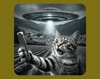 May include: A black and white image of a tabby cat holding a smartphone to take a selfie. Above the cat, a metallic flying saucer hovers over a rural landscape with rows of crops and distant buildings, emitting a bright beam of light downward.