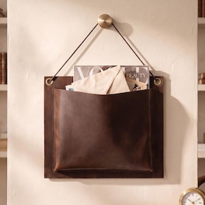 Leather wall organizer pouch, Leather wall pocket mail organizer, Hanging leather wall pocket, Wall magazine storage, Custom wall pocket