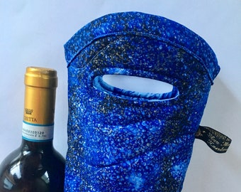 Blue Metallic Insulated Wine Tote, Reusable Wine Gift Bag, Wine Lover Gift