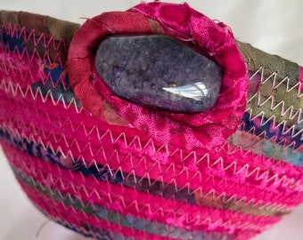 Coiled Rope Basket - Handmade Pink Batik