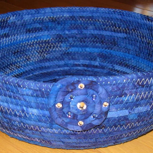 Mixed Blue Batik Coiled Fabric Basket, Rope Basket, Swarovski Crystal Accents