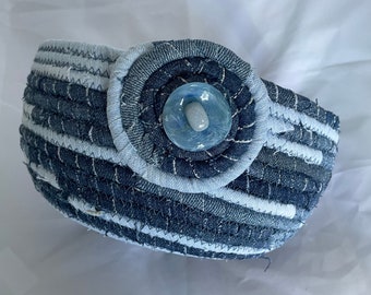 Repurposed Denim Rope Basket - Medium Storage Basket - Quilted Gift Basket