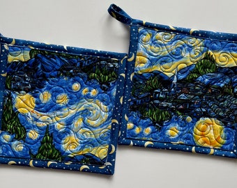 Starry Night Celestial Quilted Pot Holders Handmade Cook Gift Kitchen Hot Pads