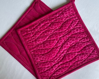 Pink Leopard Quilted Pot Holders, Handmade Cook Gift Kitchen Hot Pads