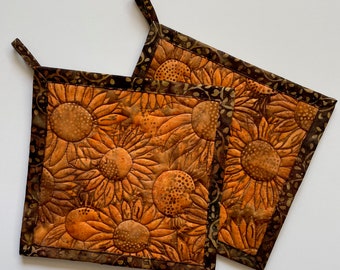 Sunflower Batik Quilted Pot Holders Handmade Cook Gift Kitchen Hot Pads