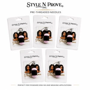 May include: Five identical white retail blister packs labeled Style N Prove Inc. Pre-Threaded Needles. Each pack contains a curved metal needle threaded with black thread wrapped around a small pink cylindrical spool, featuring a graphic of a person.