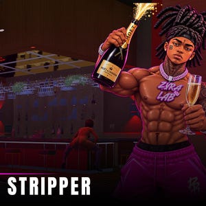 May include: A digital illustration of a muscular figure with dark braided hair, wearing purple shorts and a Zyra Lab necklace, holding a bottle of Moet & Chandon champagne and a glass in a club setting with Vanilla Unicorn signage and Zyra Stripper text.